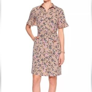 BANANA REPUBLIC button up floral shirt dress with tie waist and ruffle sleeves.